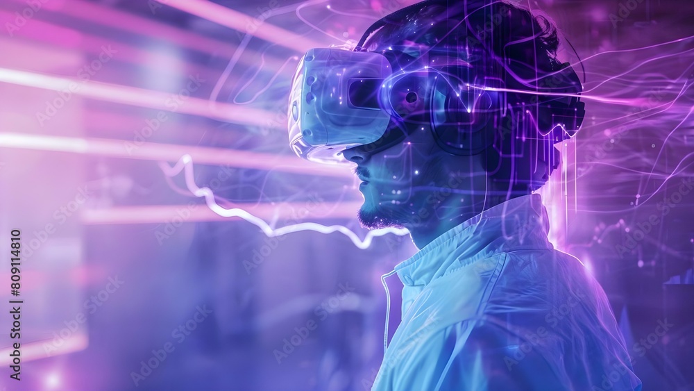 Man immersed in virtual reality world with AI internet connection futuristic metaverse. Concept Futuristic Technology, Virtual Reality, Artificial Intelligence, Metaverse, Internet Connection
