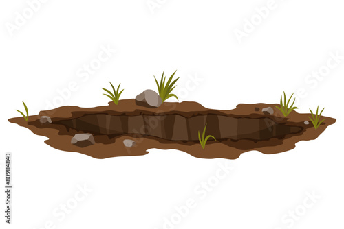 Hole ground. Works digging of sand coal waste rock or gravel. Brown, dry mine element of landscape. Cartoon illustration