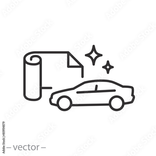 sticking film for car icon, work of armor film on car, car paint protection, thin line vector illustration