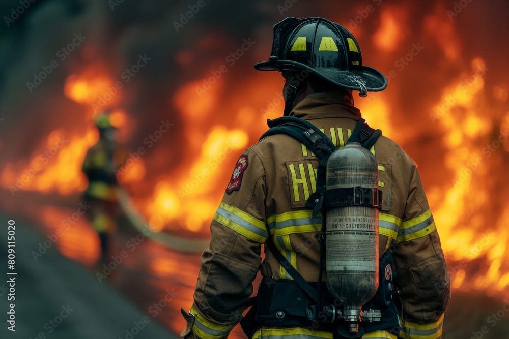 Firefighter ready in front of raging inferno Firefighter ready in front of raging inferno