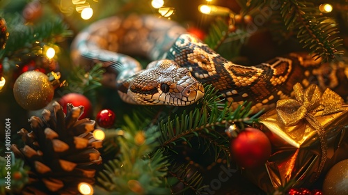 Snake among the Christmas decorations. Symbol of the new year 2025. Festive background with Christmas tree branches, gift box, cone, sparkling garland and Christmas tree balls © Liliya