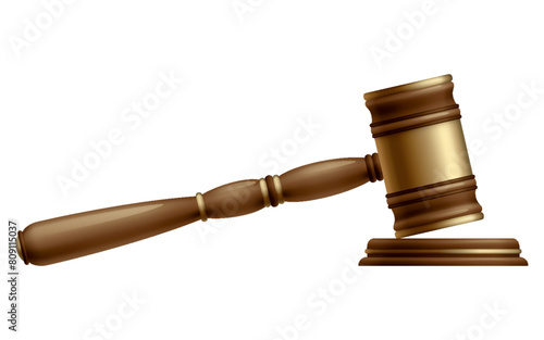 Wooden brown judge gavel, decision glossy mallet for court verdict. 3d realistic vector, isolated on white background. Auction hammer with gold on the stand. Law and justice system symbol