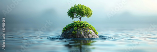 Serene Isolated Tree on a Misty Water covered Rock