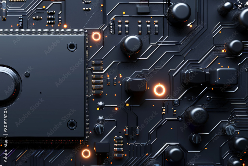 Close-up of computer cpu chip or motherboard background. Technology electronic abstract 3d black horizontal banner. Close-up of computer cpu chip or motherboard background. Technology electronic abstract 3d black horizontal banner.