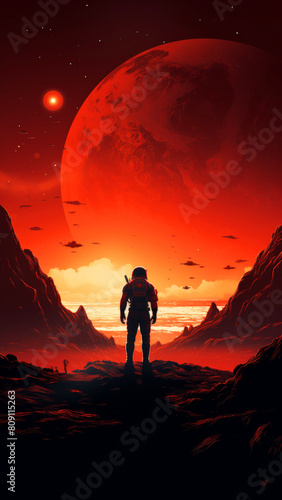 Space explorer observes a vast red planet rising above the alien horizon. Futuristic fantasy concept