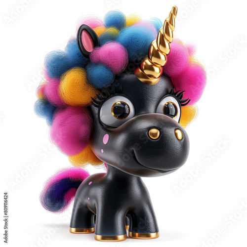 Smiling joyful black unicorn girl cartoon character in 3d design style and colorful rainbow mane curly hair standing on white background. Cute fairytale fantasy animal concept