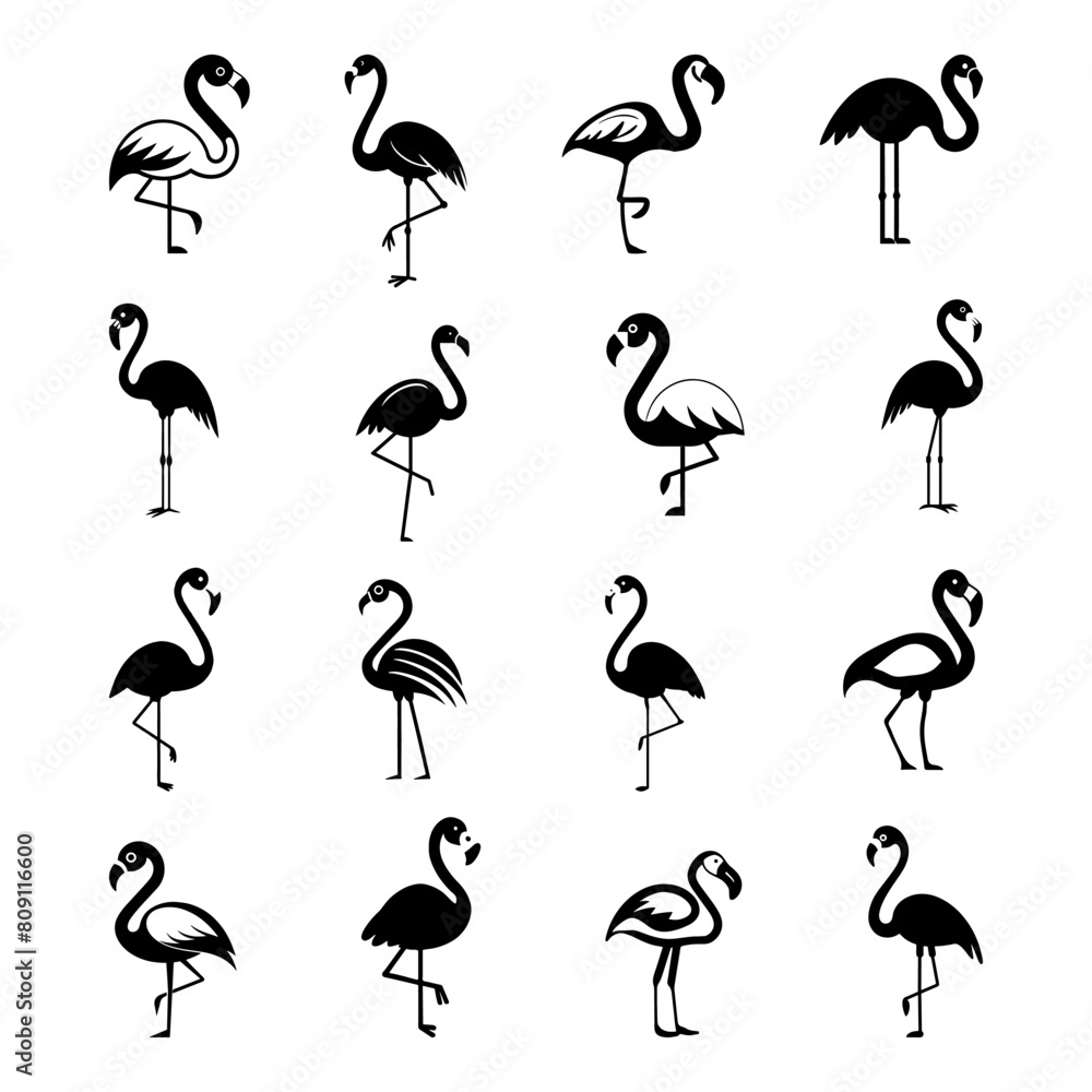 Flamingo black silhouette icon set isolated on white background. Exotic simple bird symbol. Vector illustration. Flamingo black silhouette icon set isolated on white background. Exotic simple bird symbol. Vector illustration.