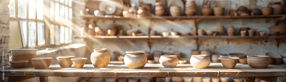 Handmade Pottery Pieces on Rustic Shelves in a Sunlit s Studio Showcasing Artisanal Craftsmanship and Creativity