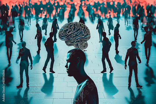 IA Illustration. Representation of thinking disease. People walking at strret around person with brain. Concept social fear, social .Tormented individual person, psychological illnesses. psychology.  photo