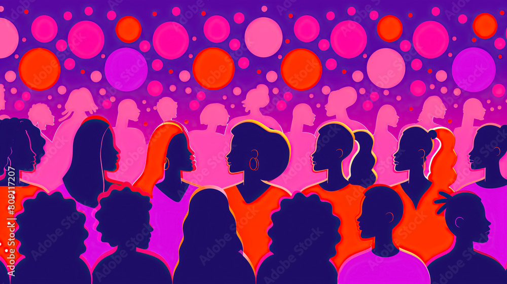 Illustration AI. Representation of hope, love, illusion, good thoughts in a person. 2d women silhouettes of 70's style.  Group of women with separate colored circles at the . Psychology.