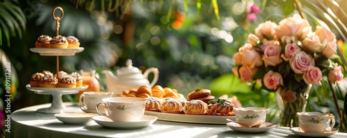 Elegant Garden Tea Party with Refined China and Gourmet Pastries © Thares2020