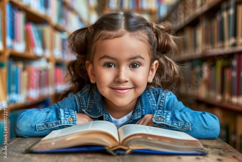 Cute little girl sitting in a cozy library spot lost in fascinating book reading moment