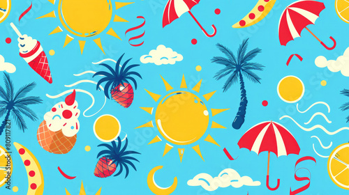 Summer blue background wallpaper with repeating patterns of the sun, sunshade, ice cream and milkshakes, palm trees and pineapples