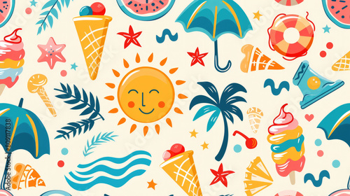 Summer background with repeating patterns of swimming circles, beach umbrella, ice cream and cocktails, starfish and palm trees