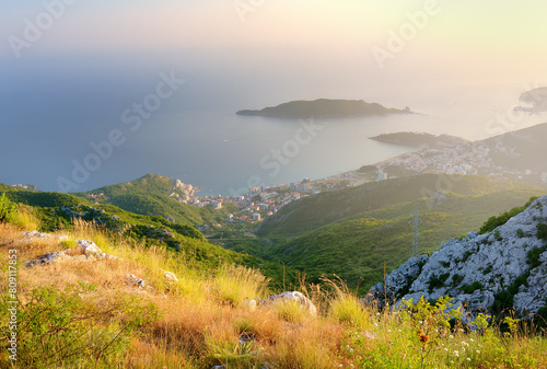 Tableau sur toile Aerial view of Budva Riviera from Fort Kosmach at sunset