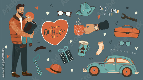 Happy father's day. Set of illustrations for postcard design, banners, stickers. Father holding his son in his arms, retro car, hand with coffee cup, hat, glasses and other hand drawn items. Vector photo