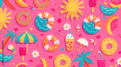 Summer pink background with repeating patterns of swimming circles, sun parasols, ice cream and milkshakes