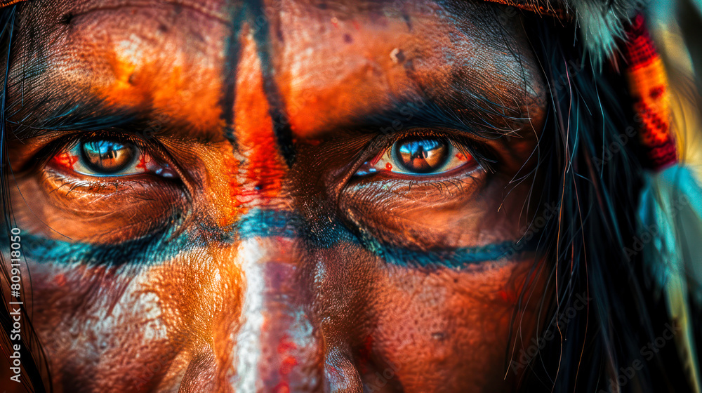Native american indian man with blue and red face paint Native american indian man with blue and red face paint