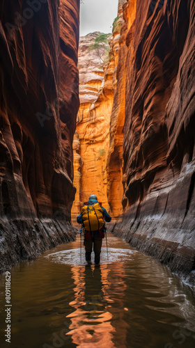A man is walking through a canyon with a yellow backpack