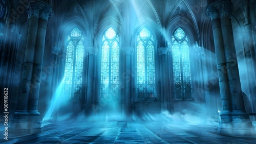 Majestic Gothic Chapel Interior with Tall Windows  Columns  and Fog. Concept Gothic Architecture  Chapel Interior  Tall Windows  Columns  Foggy Atmosphere