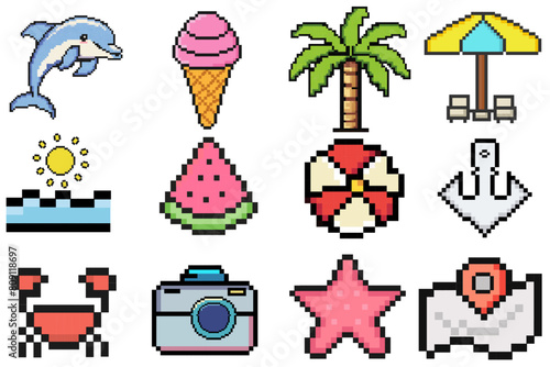 Summer pixel set of icons, vintage, 8 bit, 80s, 90s games, computer arcade game items, beach umbrella, sun, anchor, Dolphin, palm, seashell, starfish, ice cream, watermelon. Y2K Fashion Icon
