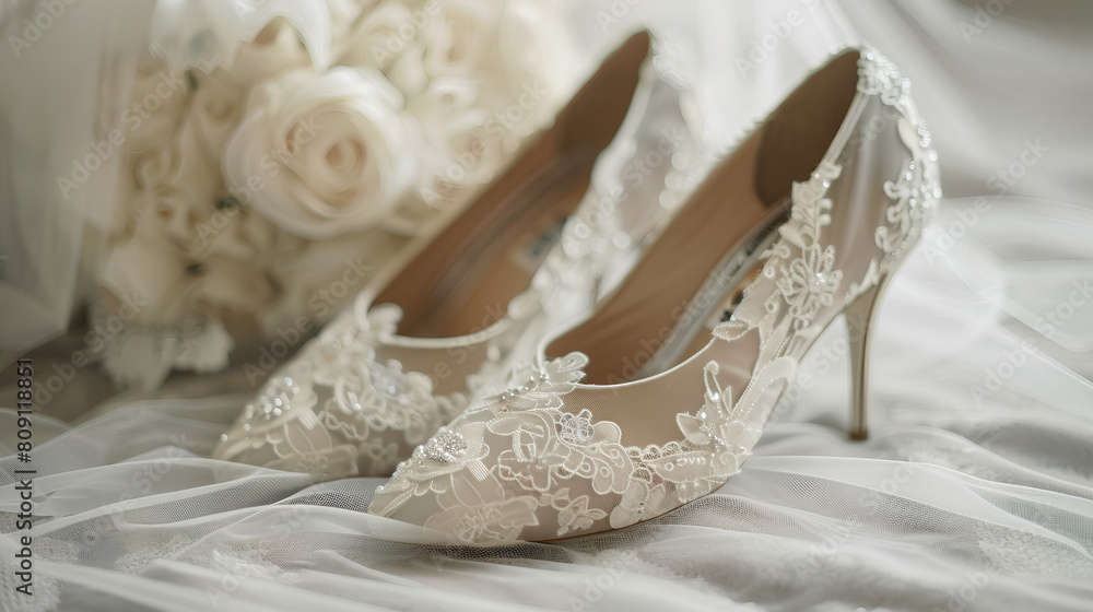 Fototapeta premium Elegant wedding shoes for brides, dreamy motifs, blur effect in the back
