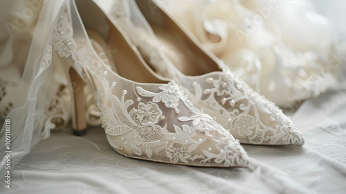 Elegant wedding shoes for brides, dreamy motifs, blur effect in the back