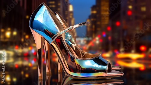 Generate an image of a pair of chic transparent mules against a backdrop of vibrant city lights and bustling nightlife, embracing metropolitan chic. photo