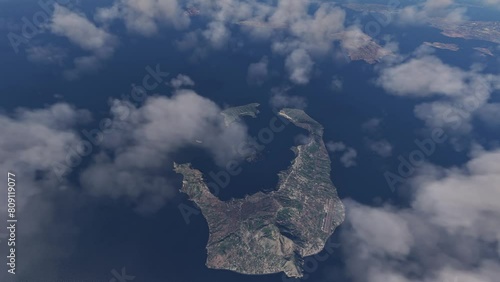 Top aerial view of the island Thira or Fira in Santorini. Greece