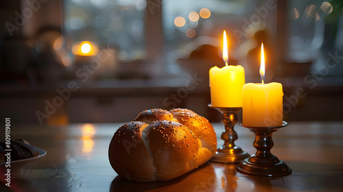 Shabbat Shalom - wine, challah and candles, world religious day, Generative Ai photo