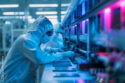 Worker examining semiconductor chips on an inspection line, quality control in electronics