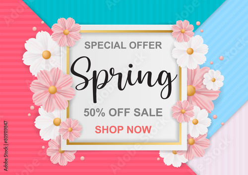 spring Banner flower frame, paper cut spring flowers background, flyers, invitation, posters, brochure, voucher discount.