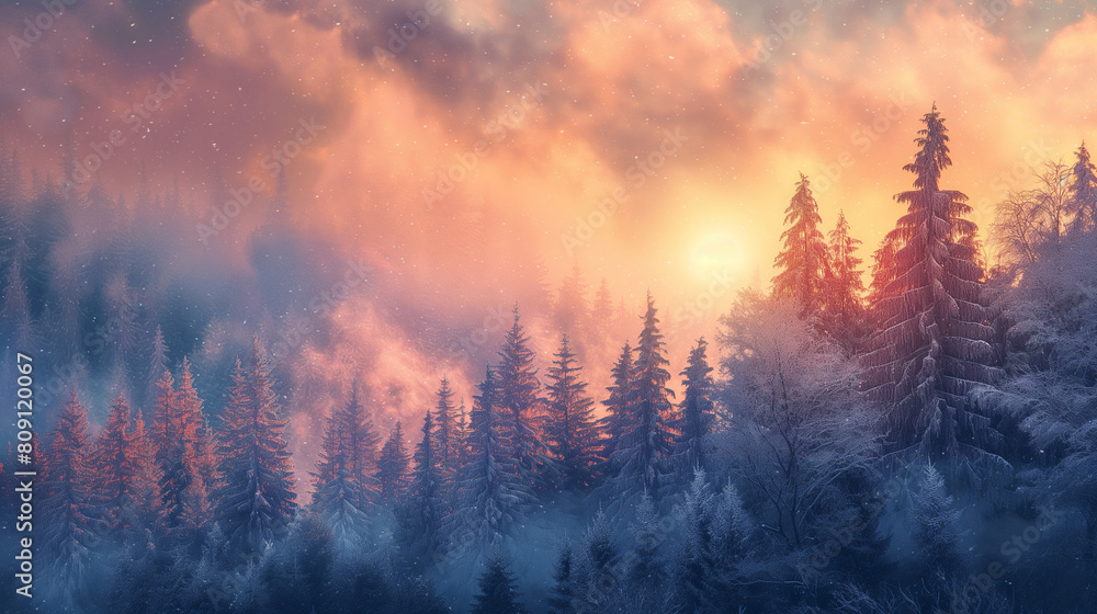 A beautiful, serene forest scene with snow-covered trees A beautiful, serene forest scene with snow-covered trees