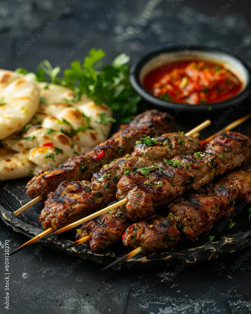 Golden lamb kebabs plated with naan bread and chutney