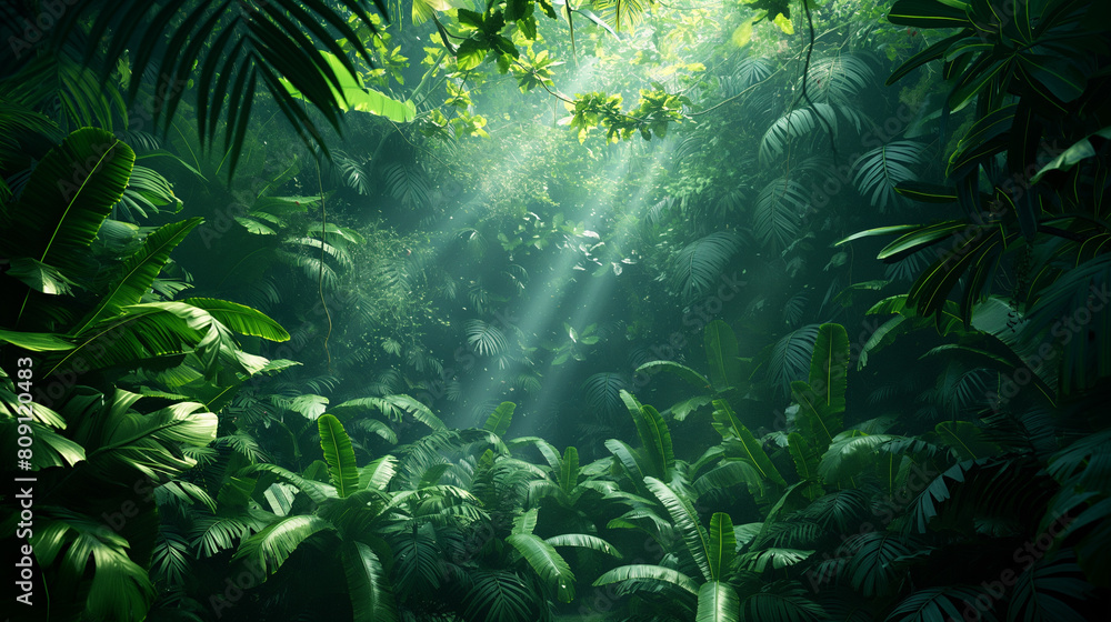 A lush green jungle with sunlight shining through the trees A lush green jungle with sunlight shining through the trees