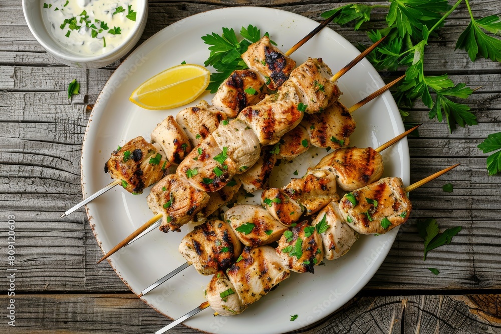 Grilled chicken kebabs arranged neatly on a white ceramic plate, garnished with parsley, lemon wedges, and dipping sauce