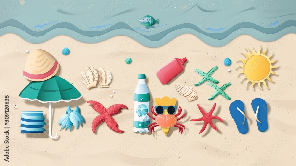 summer background with starfish and shells This is a beach scene made of paper cut.