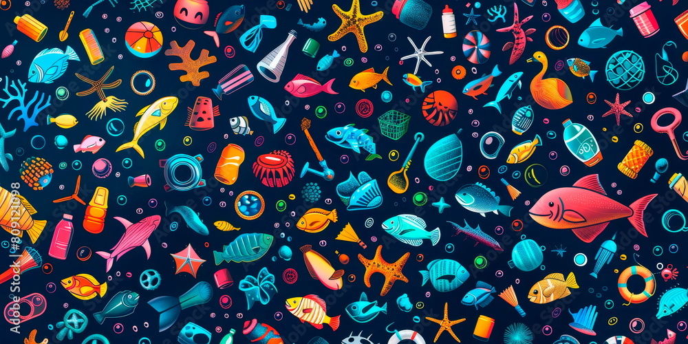 Naklejka premium pattern with ocean plastic pollution icons and End Ocean Pollution