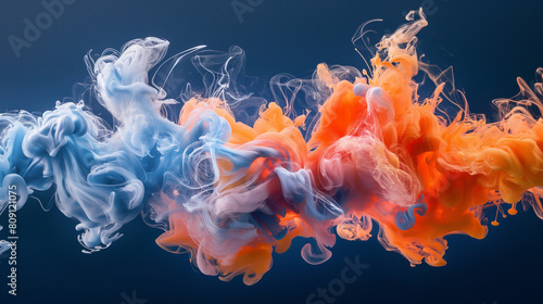 A colorful smoke trail with blue, orange, and white colors