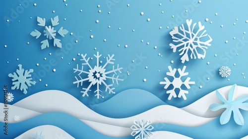 Blue Winter Christmas Background with Snowflakes and Tree Illustration paper cut style.
