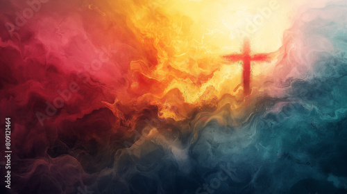 A colorful painting of a cross in the sky with a red and blue background photo