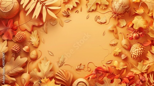 Autumn Leaves Frame with Floral Border and Gold Texture