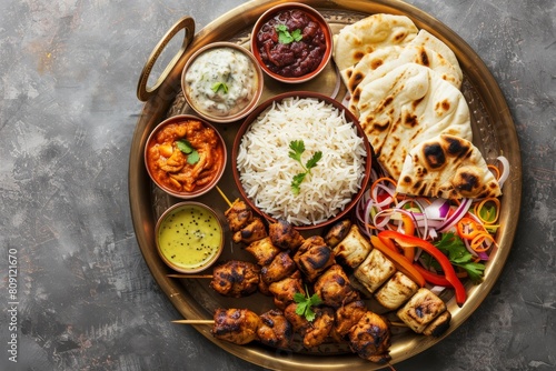 Indian-themed chicken kebab platter with aromatic basmati rice, naan bread, and chutney bowls, arranged on a brass tray for a traditional feel.