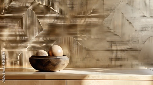 Geometric wallpaper featuring repetitive patterns, adding texture and visual interest to a modern living space.