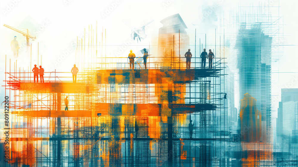 A painting of a city skyline with a group of people on scaffolding