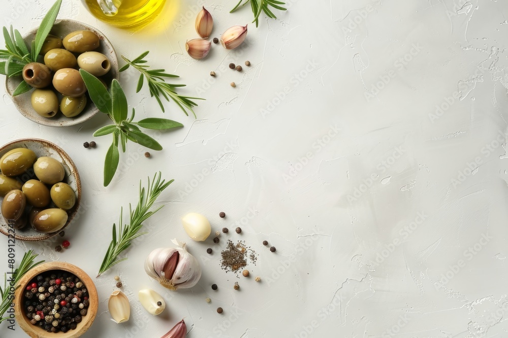 Modern flat lay of olives and cooking ingredients like garlic and herbs on a clean white surface