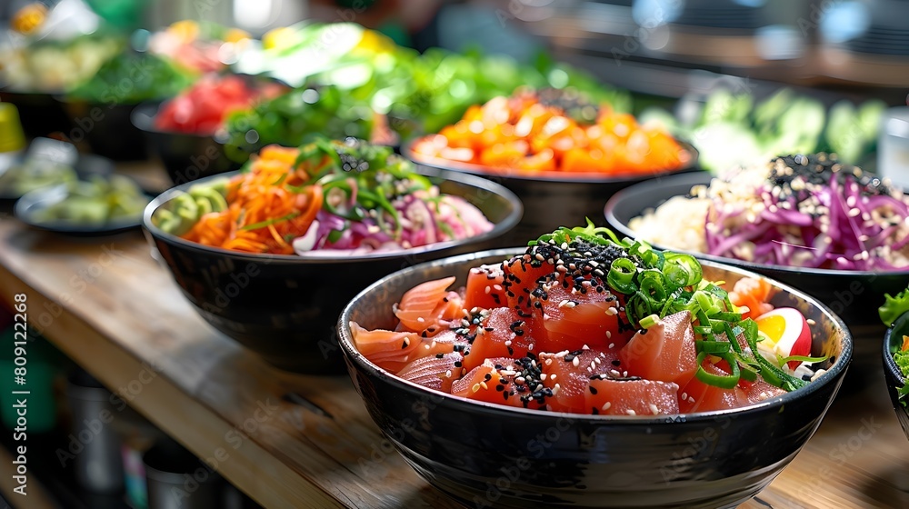 Fresh and Vibrant Hawaiian Poke Bowl with Assorted Colorful Ingredients Displayed at Restaurant or Cafe for Customer Orders