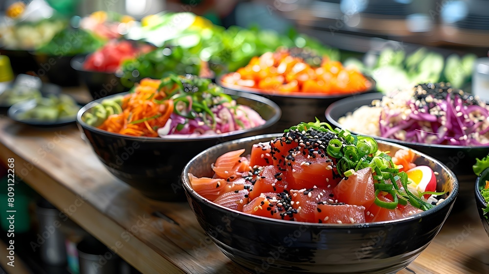 Fresh and Vibrant Hawaiian Poke Bowl with Assorted Colorful Ingredients Displayed at Restaurant or Cafe for Customer Orders Fresh and Vibrant Hawaiian Poke Bowl with Assorted Colorful Ingredients Displayed at Restaurant or Cafe for Customer Orders