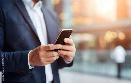 Businessman using smartphone searching for online information on