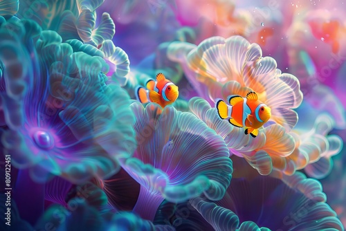 Pair of clownfish amid vibrant sea anemones.